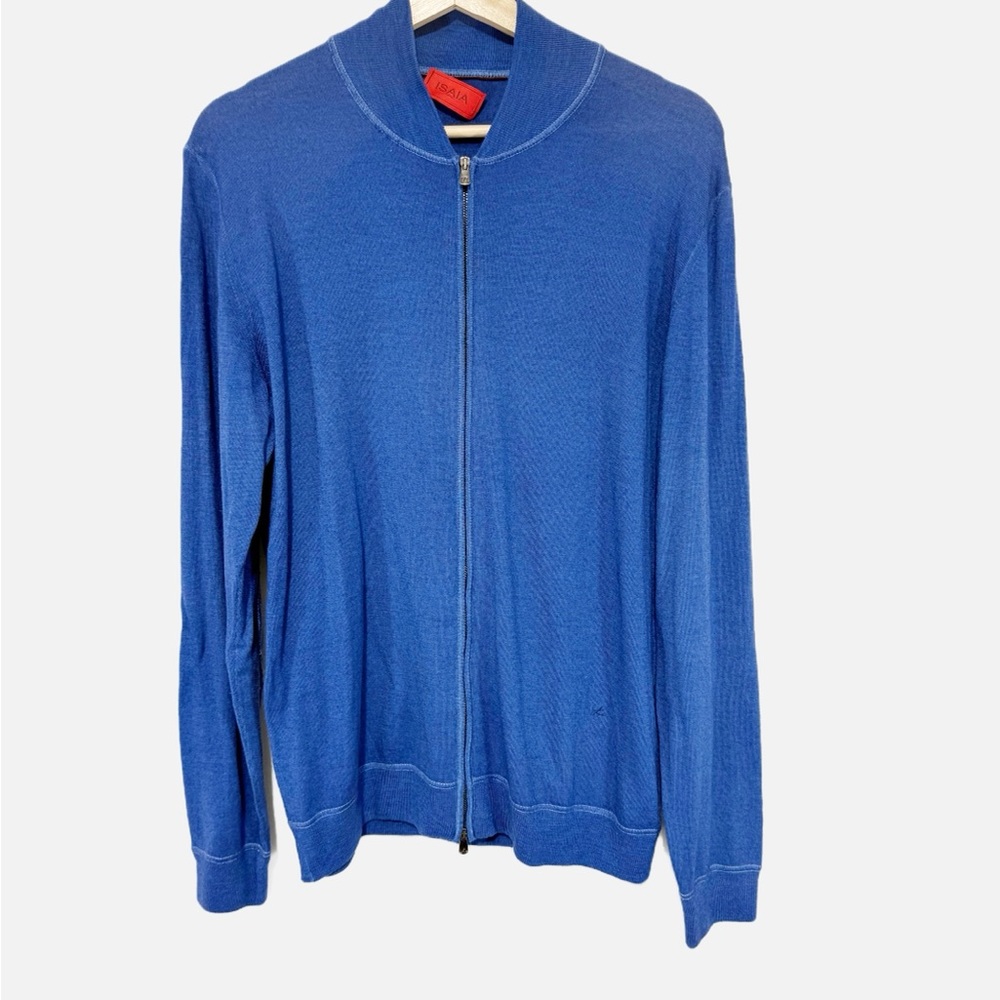 Isaia Mens Blue Full Zip Lightweight Cardigan Sweater Blue Merino Wool Size M